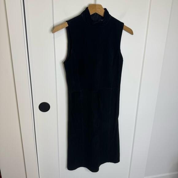 Theory Eulia Lamb Leather Suede High Neck Sleeveless Mini Dress Black Size 2 - Picture 2 of 6
